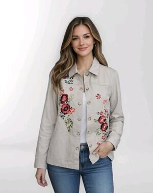 COLDWATER CREEK 100% Cotton Embroidered Jacket Fully Lined Beige Size Small Vtg